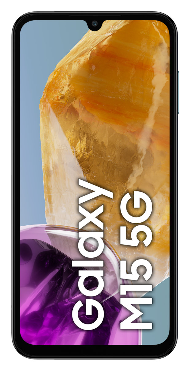 Czarny smartfon z dużym ekranem, tekst Galaxy M15 5G.