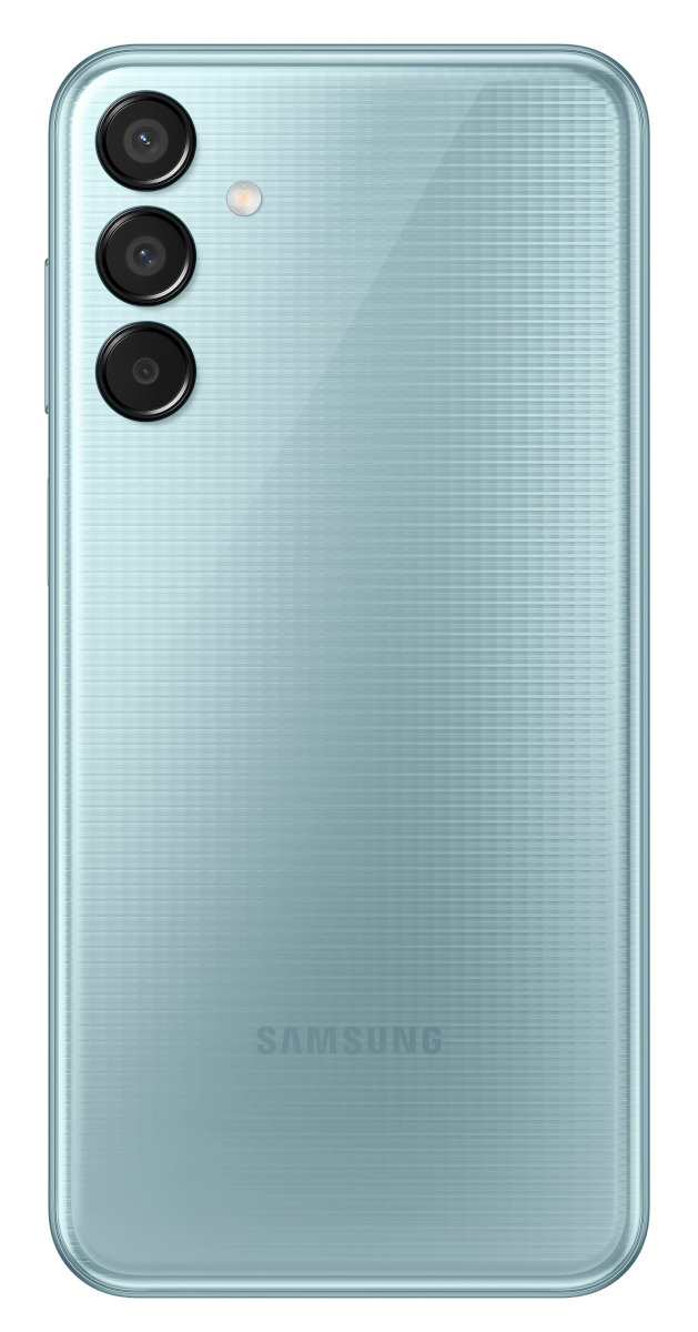 Tył jasnoniebieskiego telefonu Samsung z potrójnym aparatem i logo Samsung.