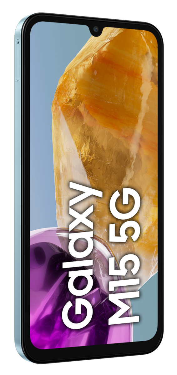 Jasnoniebieski telefon ze złotym i fioletowym ekranem wyświetlającym tekst, na białym tle.