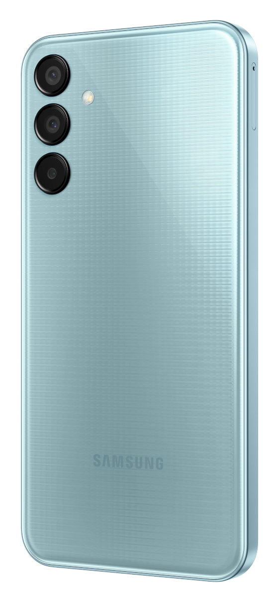 Niebiesko-zielony tył telefonu z trzema obiektywami aparatu i logo Samsung.