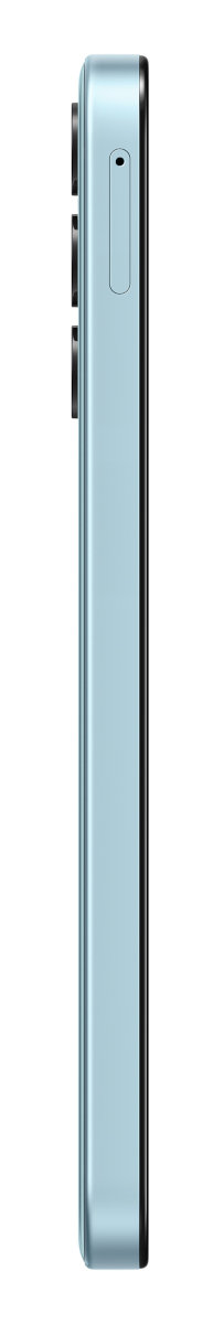 Widok z boku jasnoniebieskiego smartfona, pokazujący boczne przyciski i obiektywy aparatu.