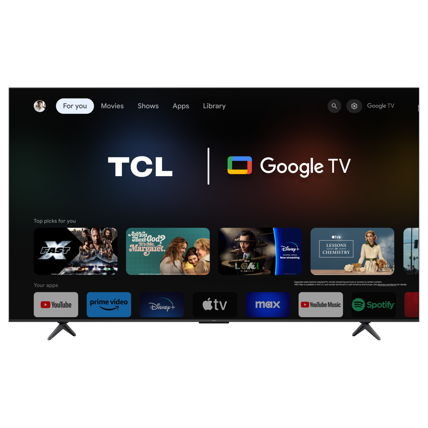 A black TCL Google TV on a black stand displaying the Google TV menu.