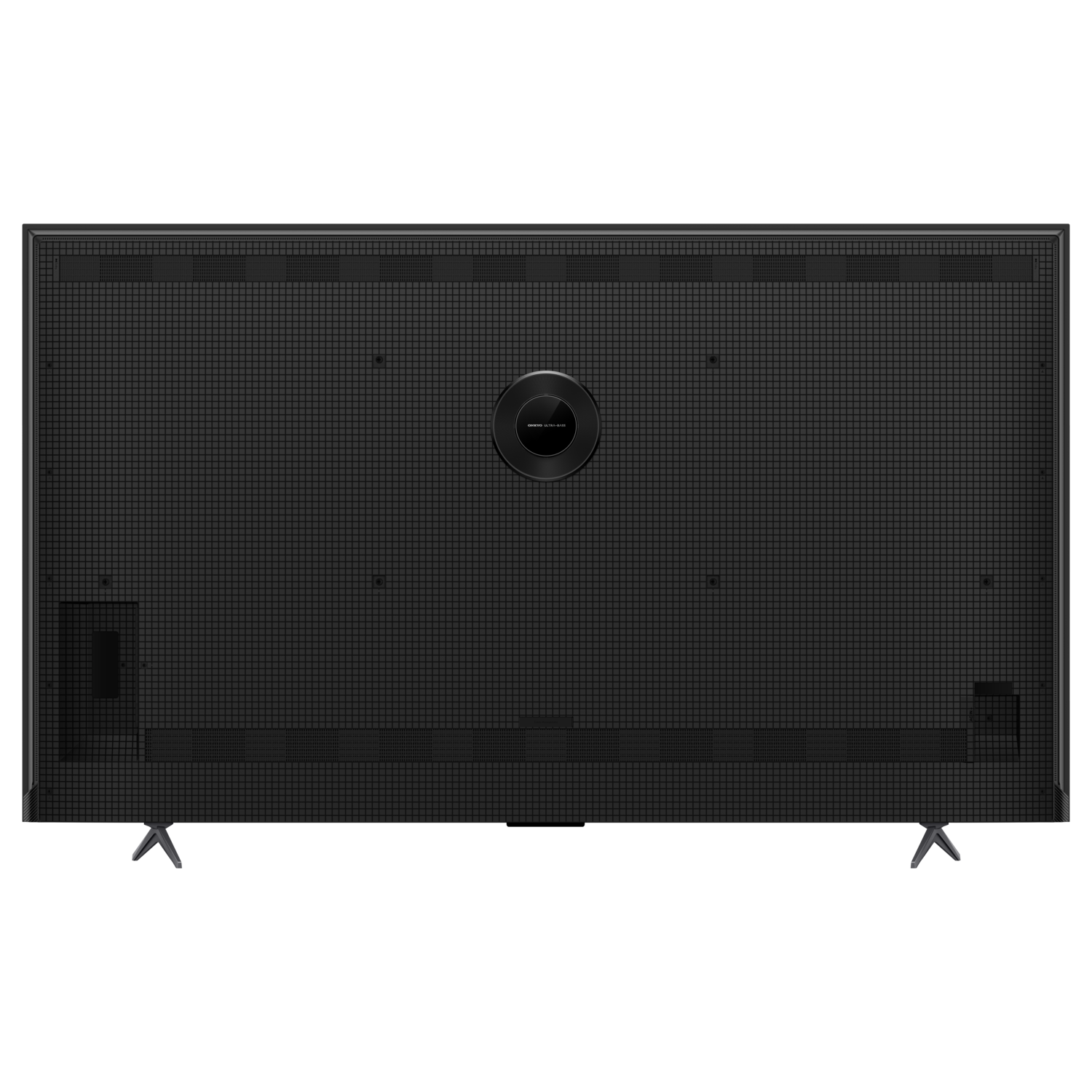 Back of a black flat-screen television with a square grid pattern.