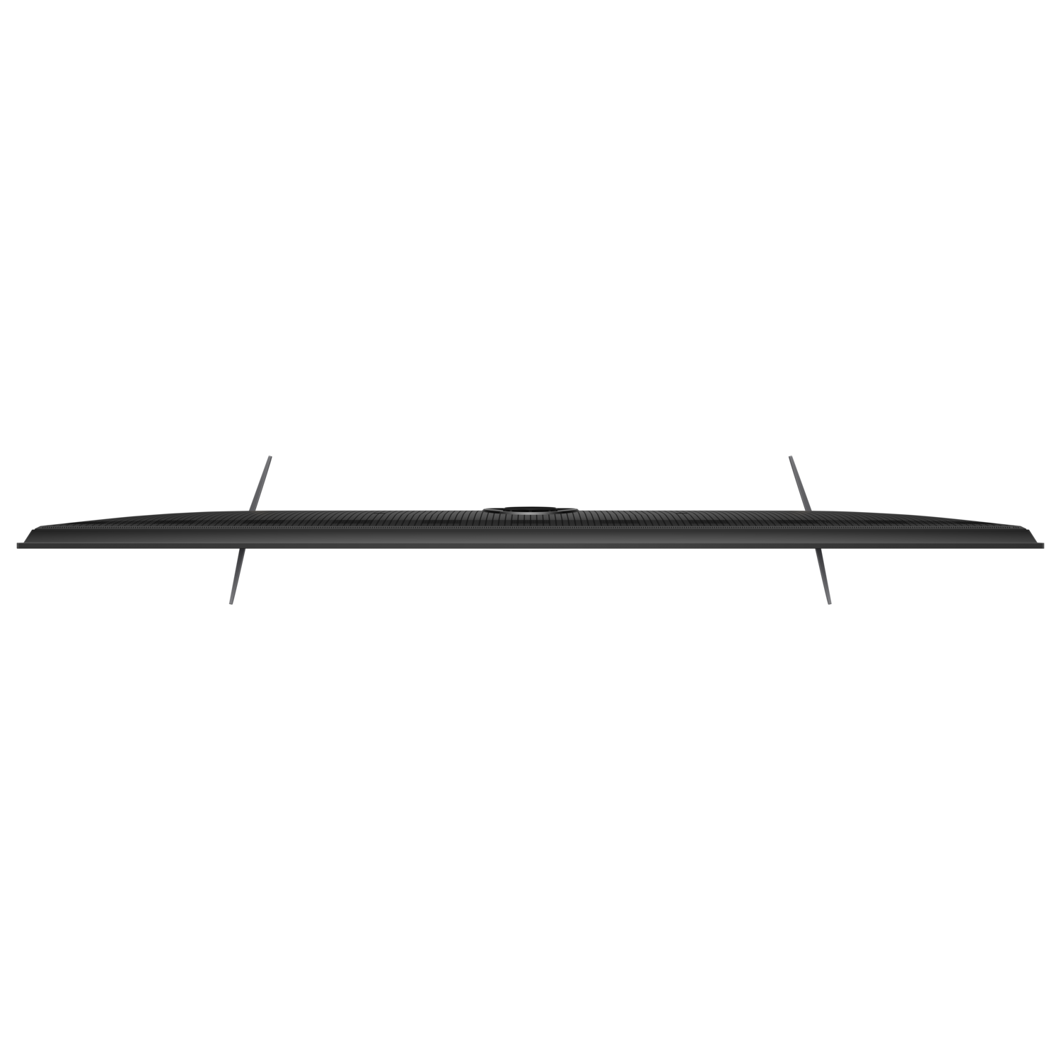 Top view of a TV screen, black, with thin silver legs, on a black background.