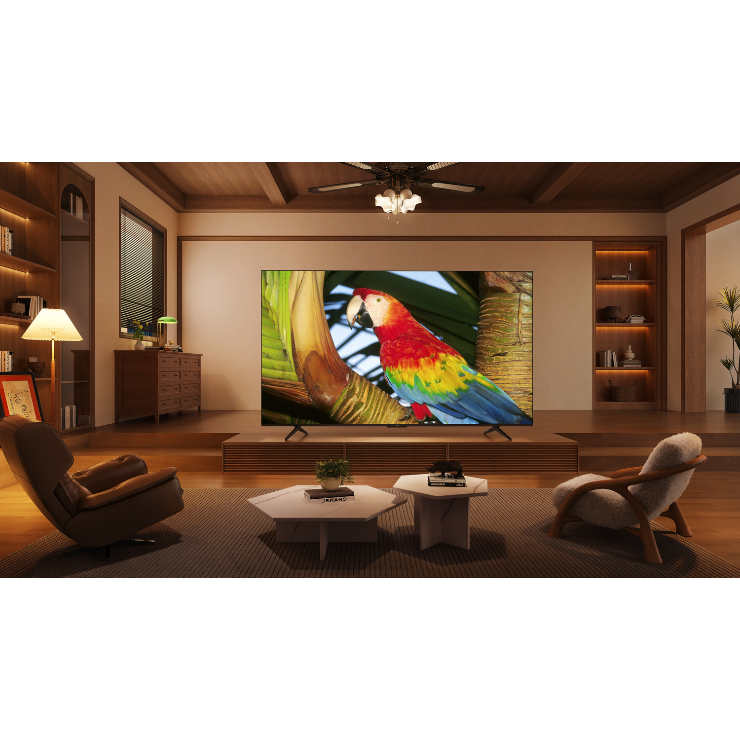 Living room scene with TV on a stand. The TV displays parrot on a tree.