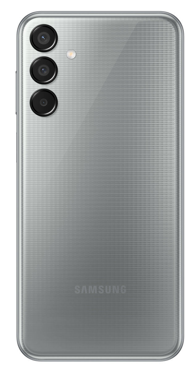 Tył szarego smartfona z trzema aparatami i logo Samsung. Białe tło.