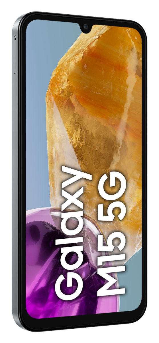 Smartfon z czarną ramką i kolorowym abstrakcyjnym tłem ze słowami 'Galaxy M15 5G'.