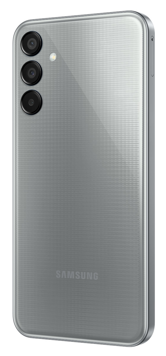 Srebrny smartfon Samsung, widok z tyłu. Posiada potrójny aparat i logo Samsung.