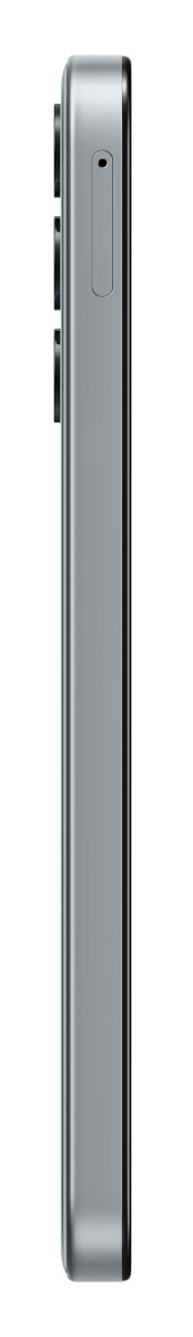 Profil boczny srebrnego smartfona z aparatami i bocznym przyciskiem, białe tło.