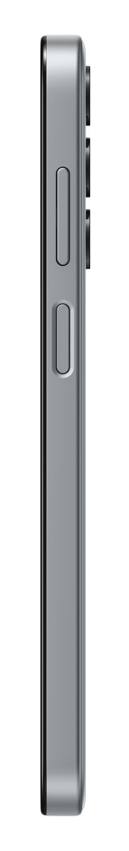 Widok z boku szarego smartfona z przyciskami z boku. Białe tło.