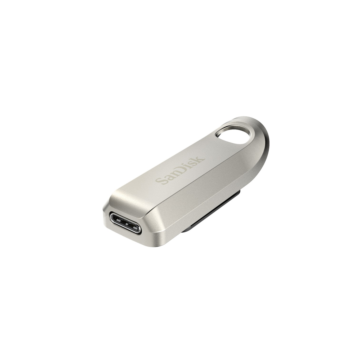 Unidad USB plateada con un lazo, un puerto USB-C y la marca Sandisk impresa.