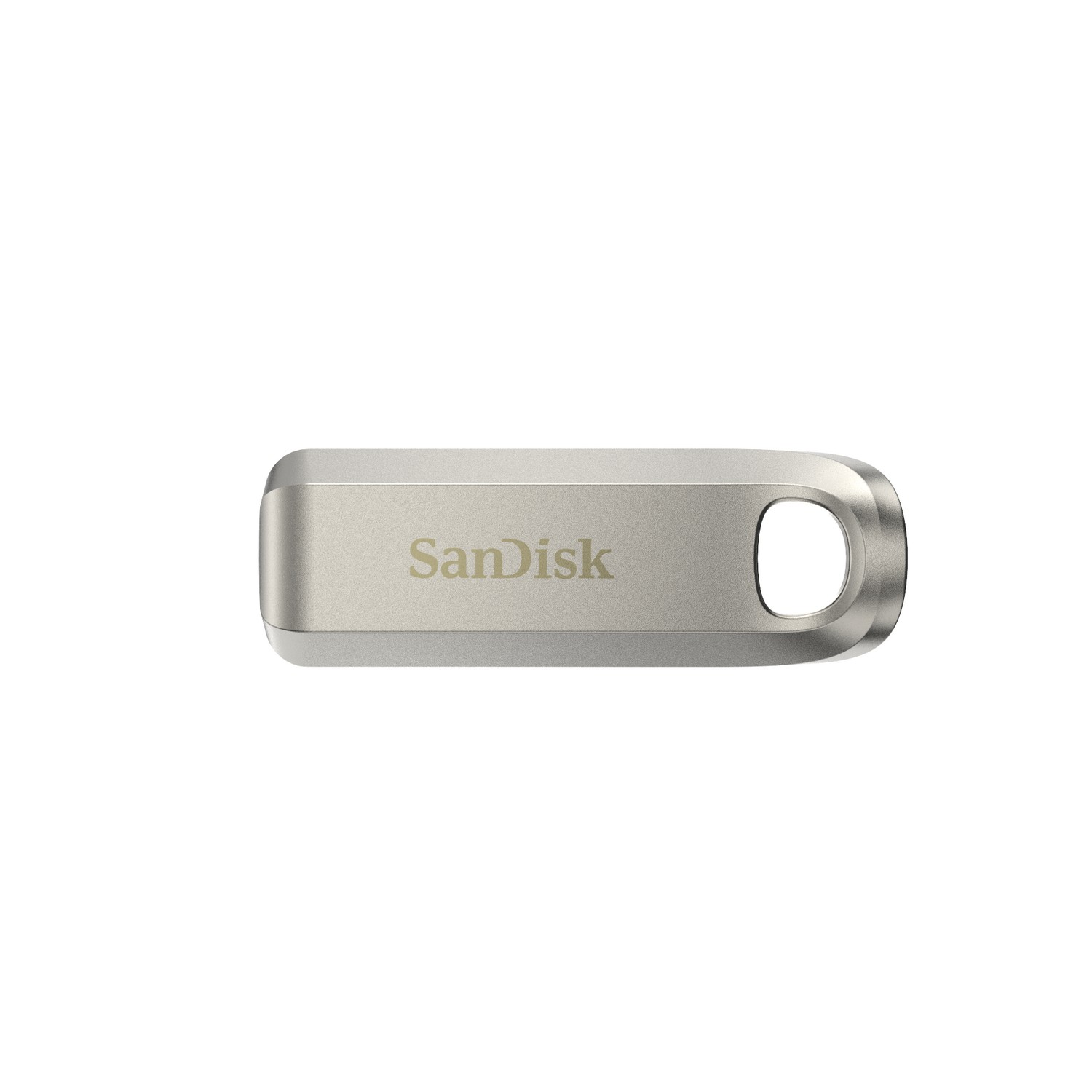 Una unidad flash USB plateada, mostrada horizontalmente. La marca 'Sandisk' está impresa en ella.
