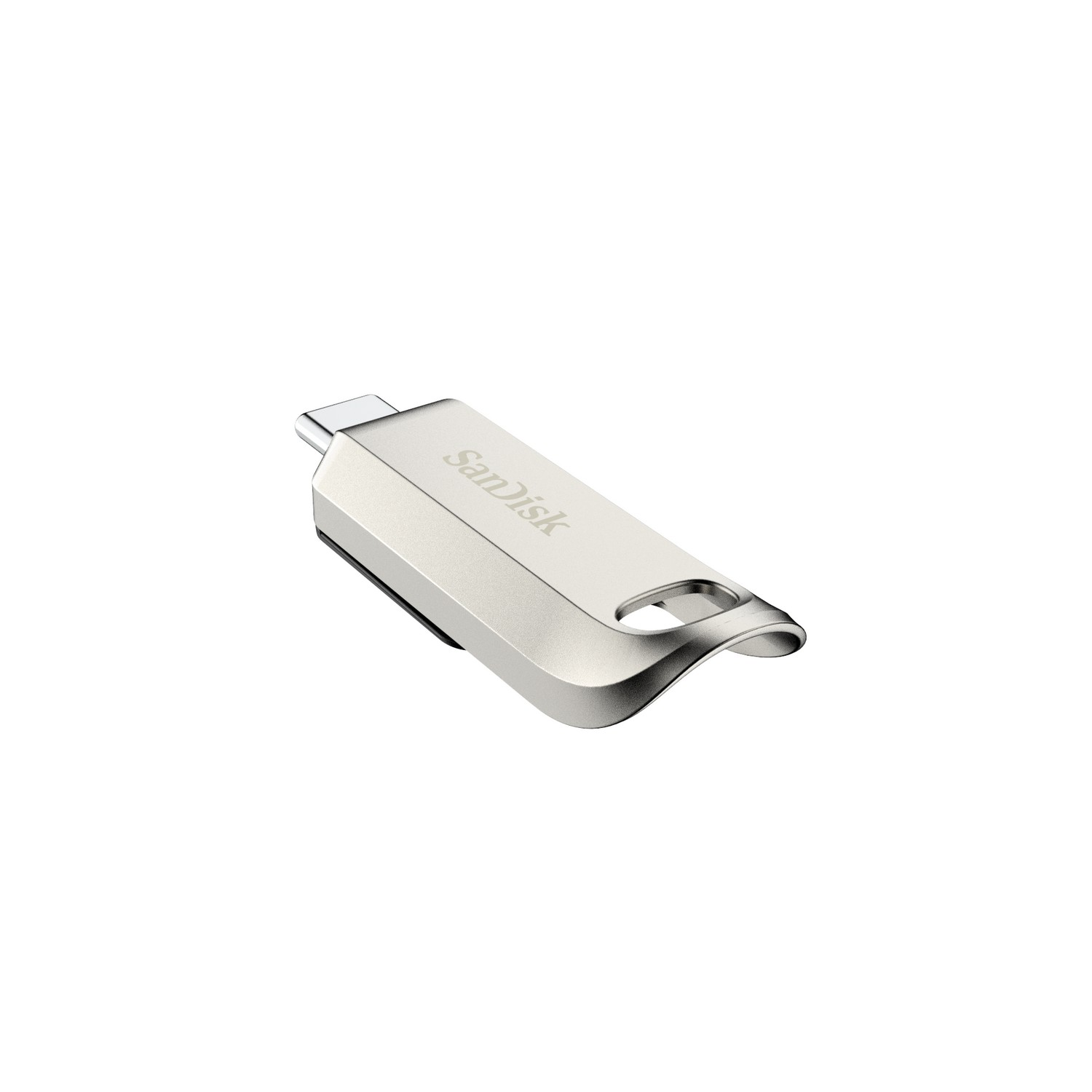 Unidad flash USB SanDisk plateada sobre un fondo blanco. El conector USB es visible.