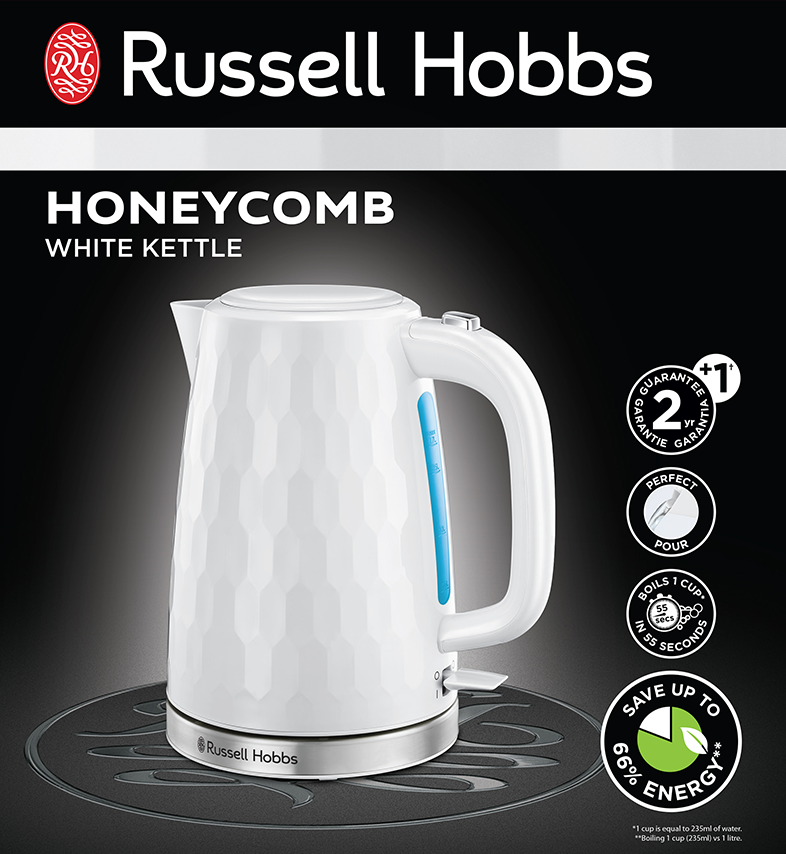 Fehér Russell Hobbs vízforraló méhsejtmintával és kék vízszintjelzővel.
