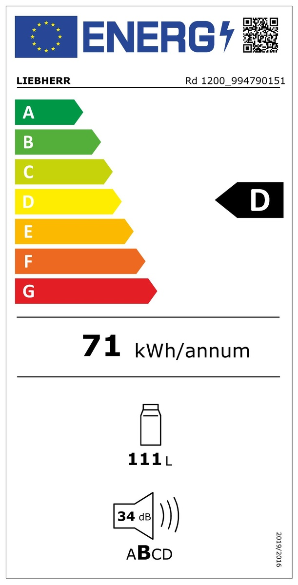 Energia címke egy Liebherr hűtőszekrényhez, energiahatékonyságot és egyéb részleteket mutat.