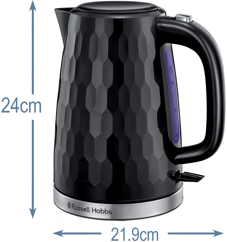 Fekete mintás elektromos vízforraló ezüst alappal, 24 cm magassággal és 21,9 cm szélességgel.