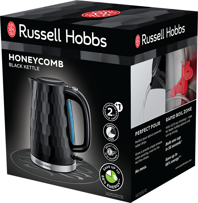 Egy fekete Russell Hobbs Honeycomb vízforraló dobozban. A termék jellemzőit és specifikációit mutatja.