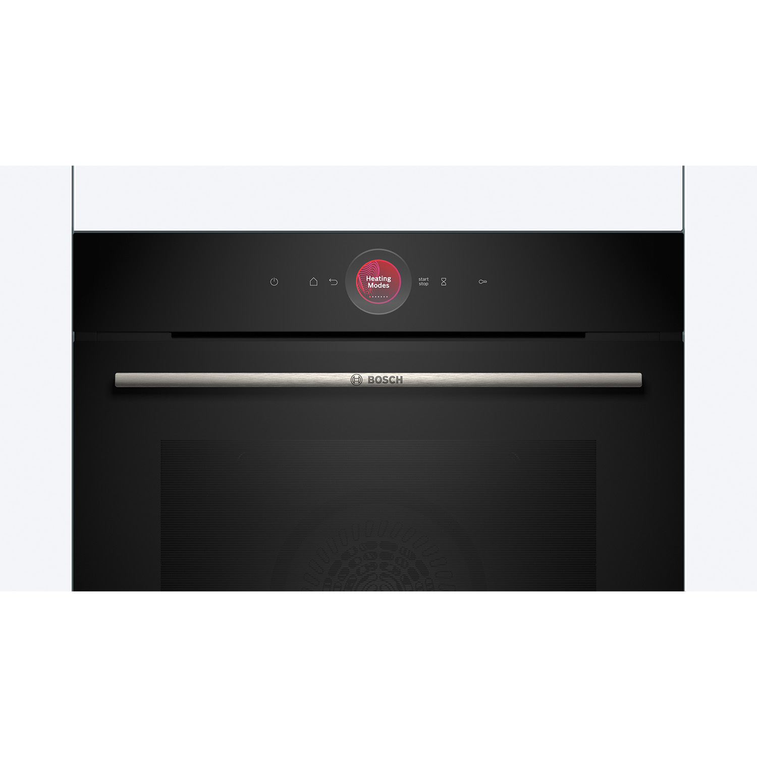 Forno nero con maniglia in acciaio inox e display centrale rosso con la scritta 'Heating Modes'.