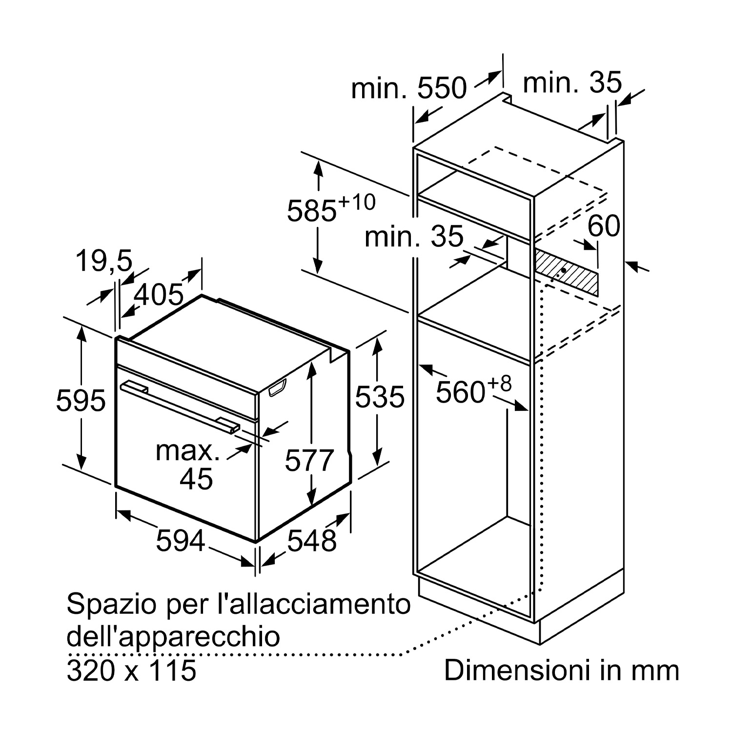 Disegno tecnico di un forno a incasso, che mostra dimensioni e dettagli di installazione.