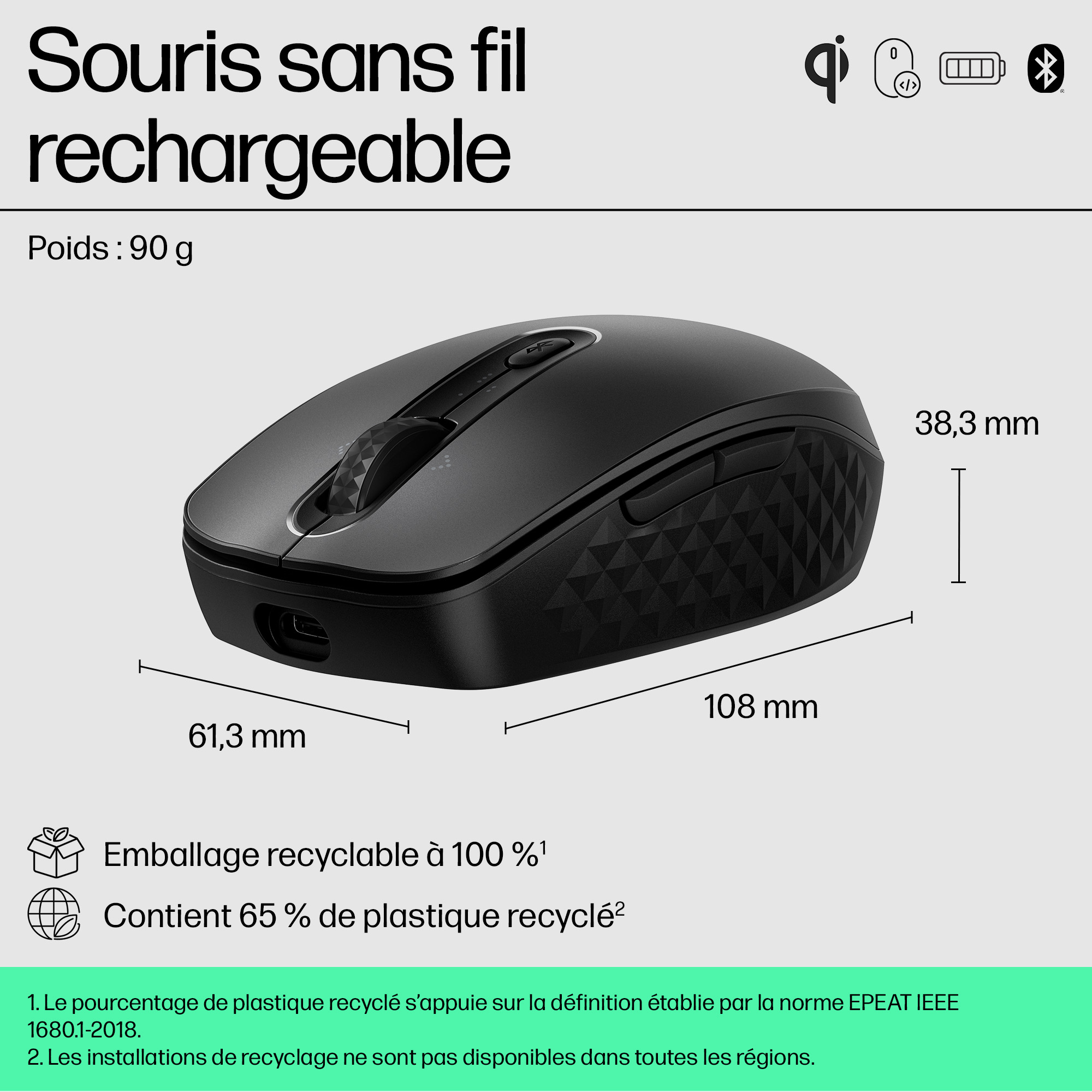 Souris sans fil noire avec mesures et texte en français.