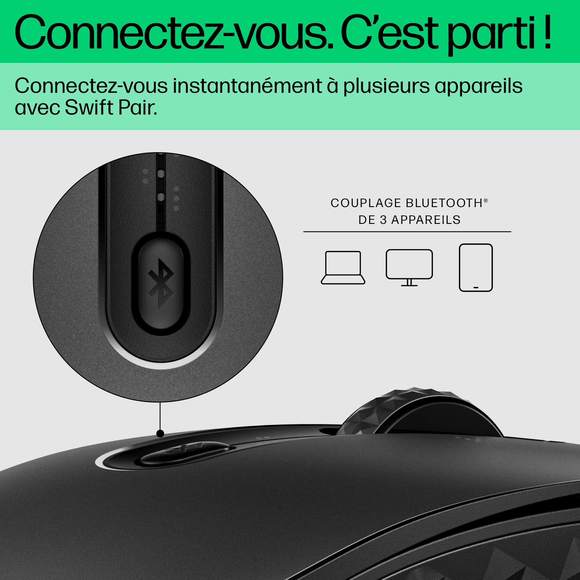 Gros plan d'une souris sans fil avec un symbole Bluetooth et du texte sur l'appairage Bluetooth.