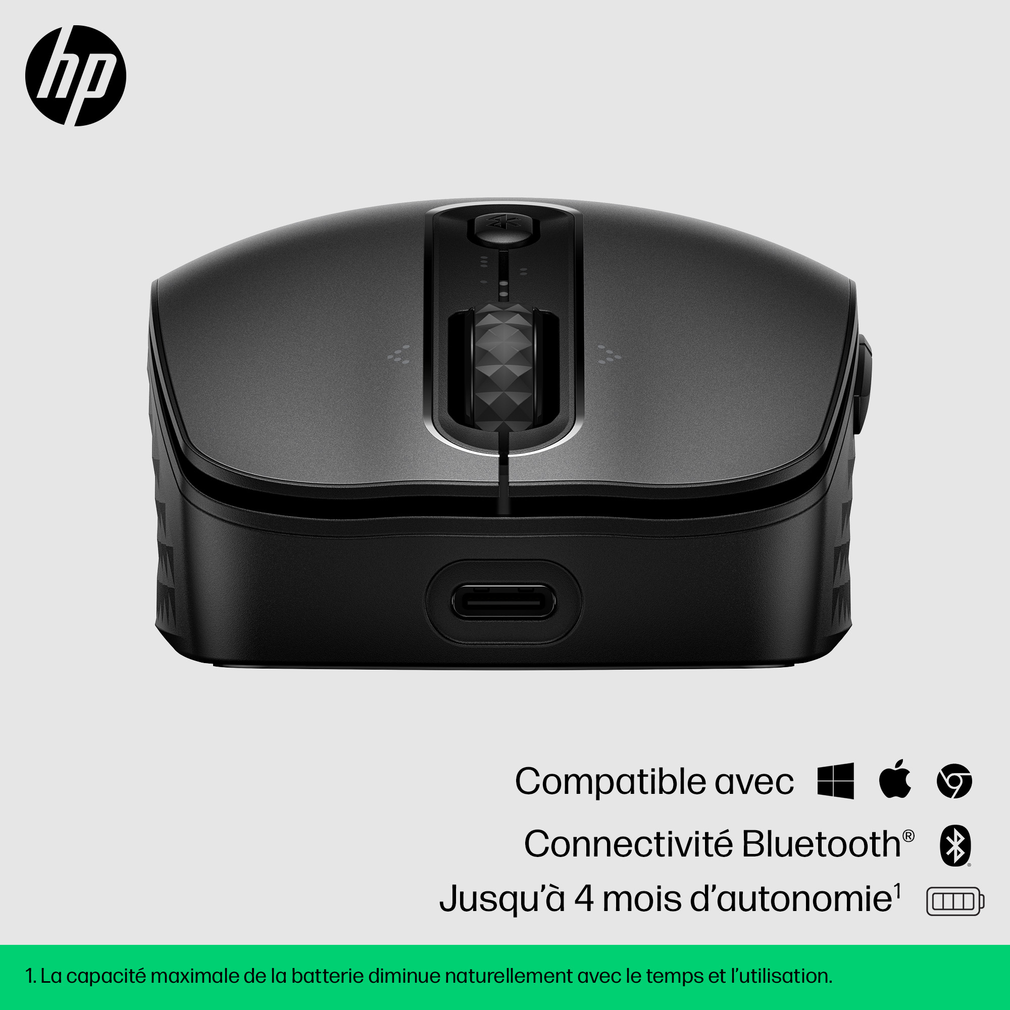 Souris sans fil noire avec molette et port de charge. Logo HP en haut.