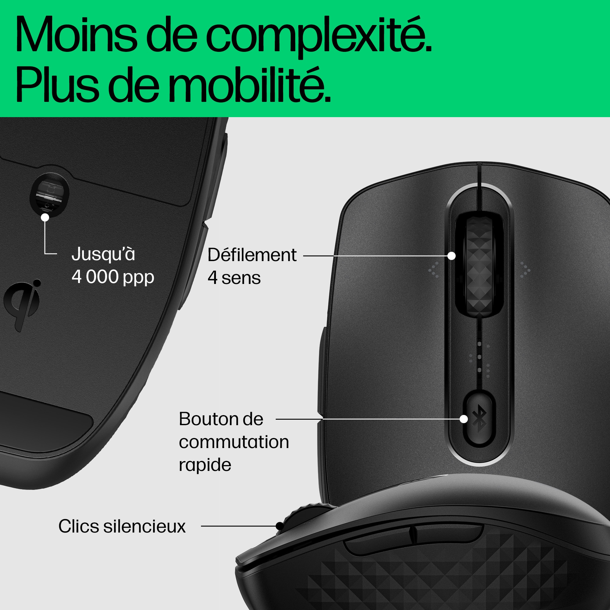 Gros plan de la souris avec des étiquettes. Montre le défilement 4 directions, un bouton de changement rapide et des clics silencieux.