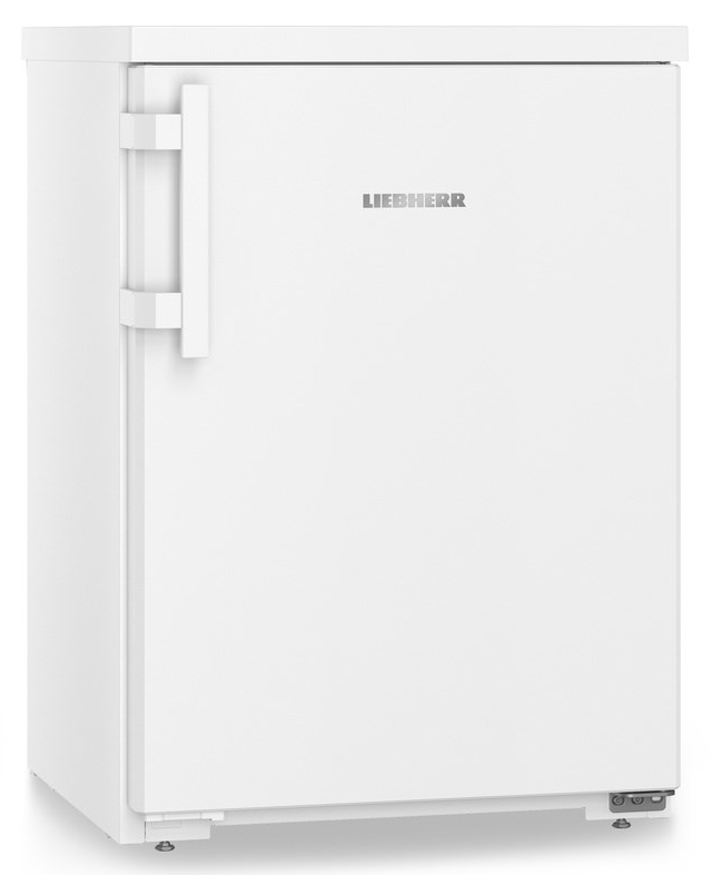 Fehér Liebherr hűtőszekrény, bal oldali fogantyúval, jobb oldali logóval.