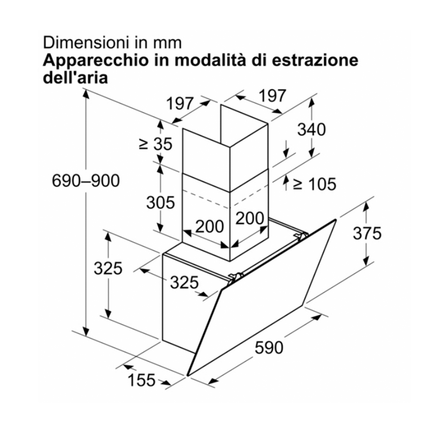 Diagramma di una cappa da cucina. Mostra le dimensioni della cappa in millimetri.