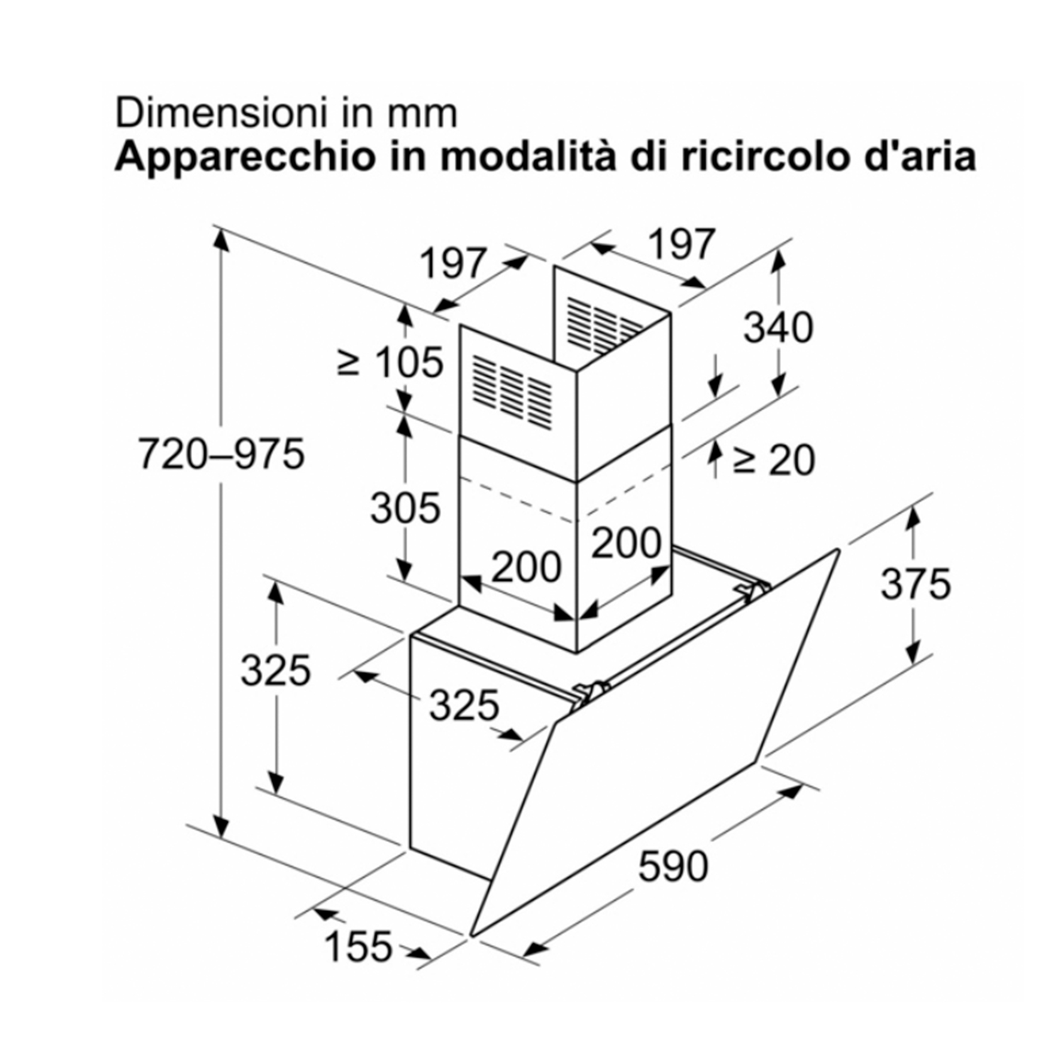 Disegno di una cappa aspirante con dimensioni in mm, colore grigio, sfondo bianco.