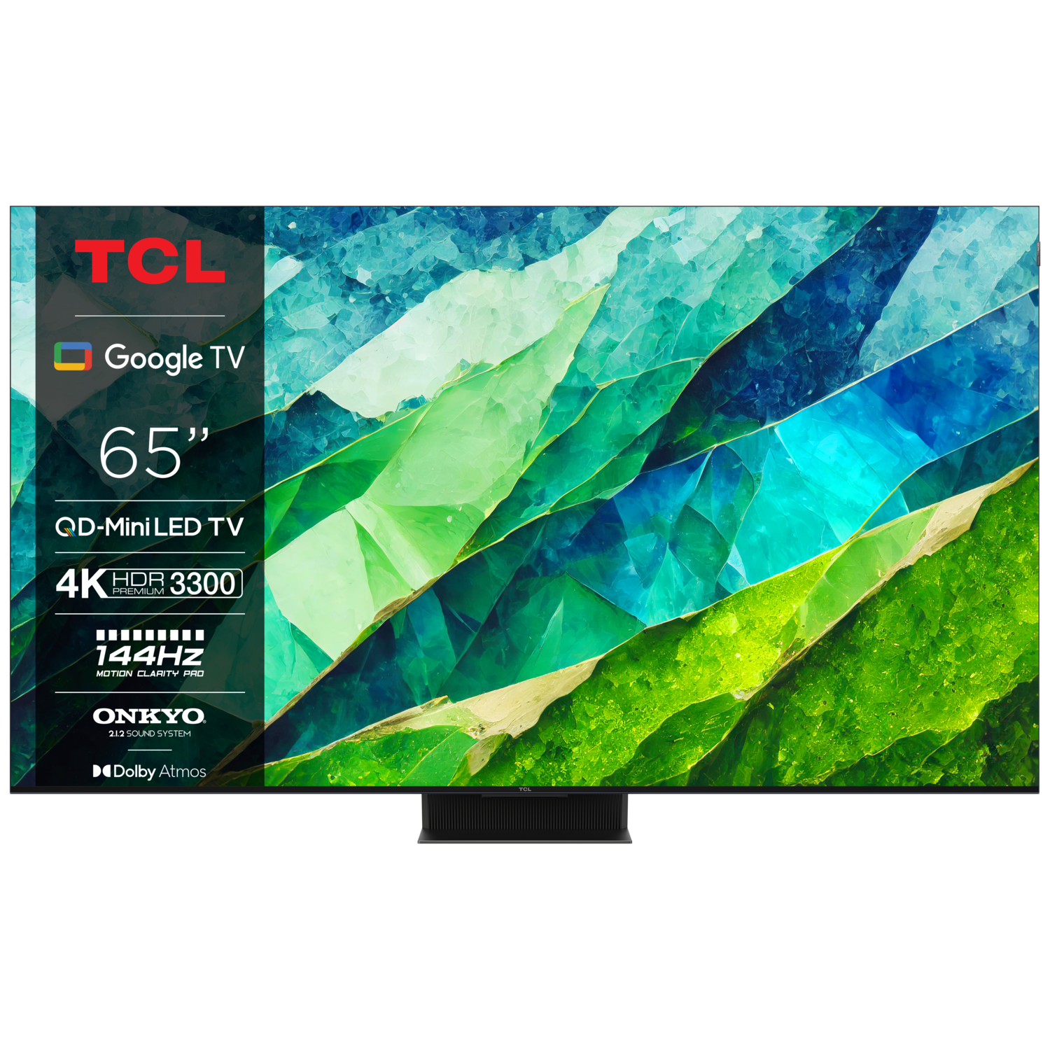 Een TCL 65" tv met een Google TV logo, met een abstract groen en blauw ontwerp.