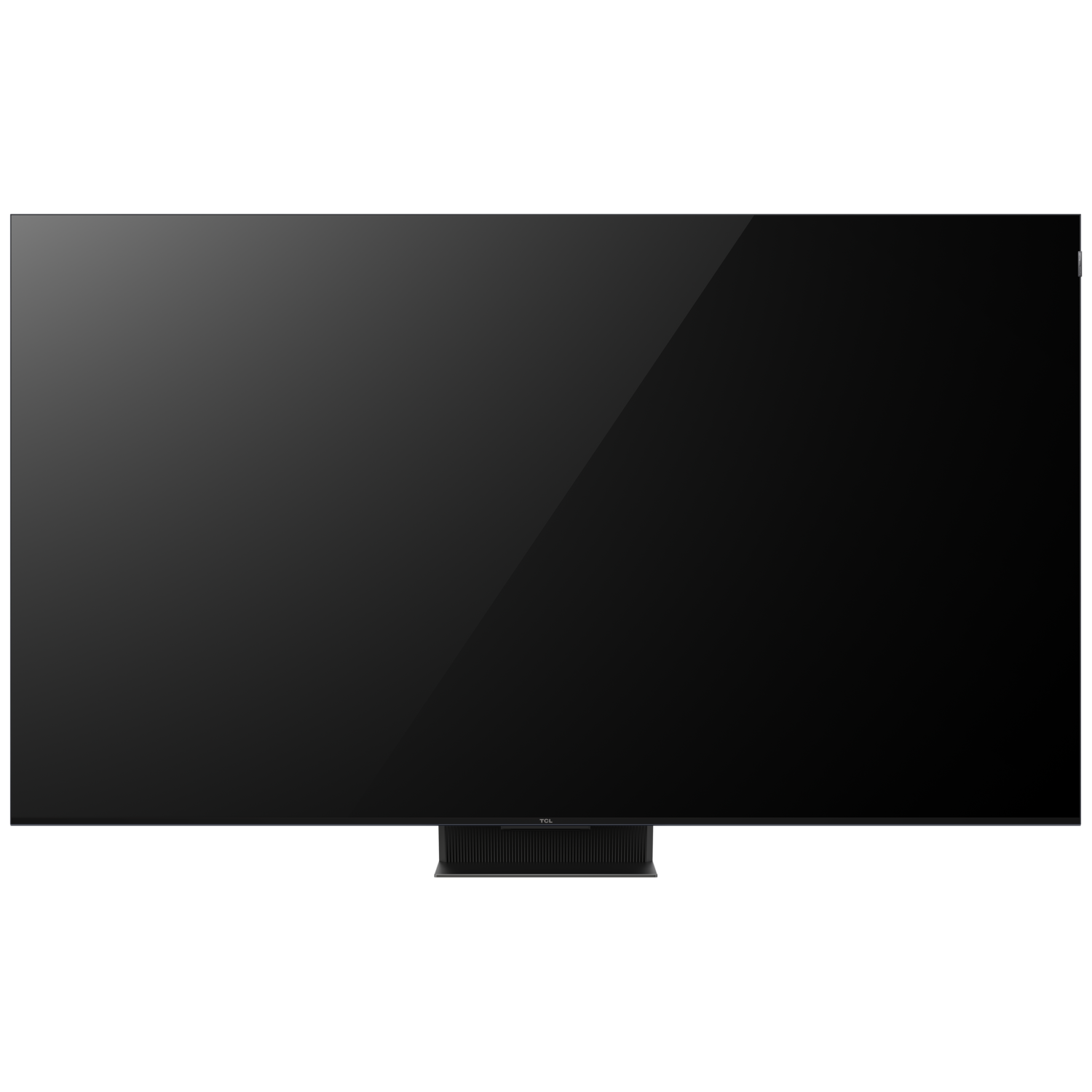 Een groot, strak, zwart tv-scherm, uitgeschakeld, met een minimale standaard onderaan, tegen een donkere achtergrond.
