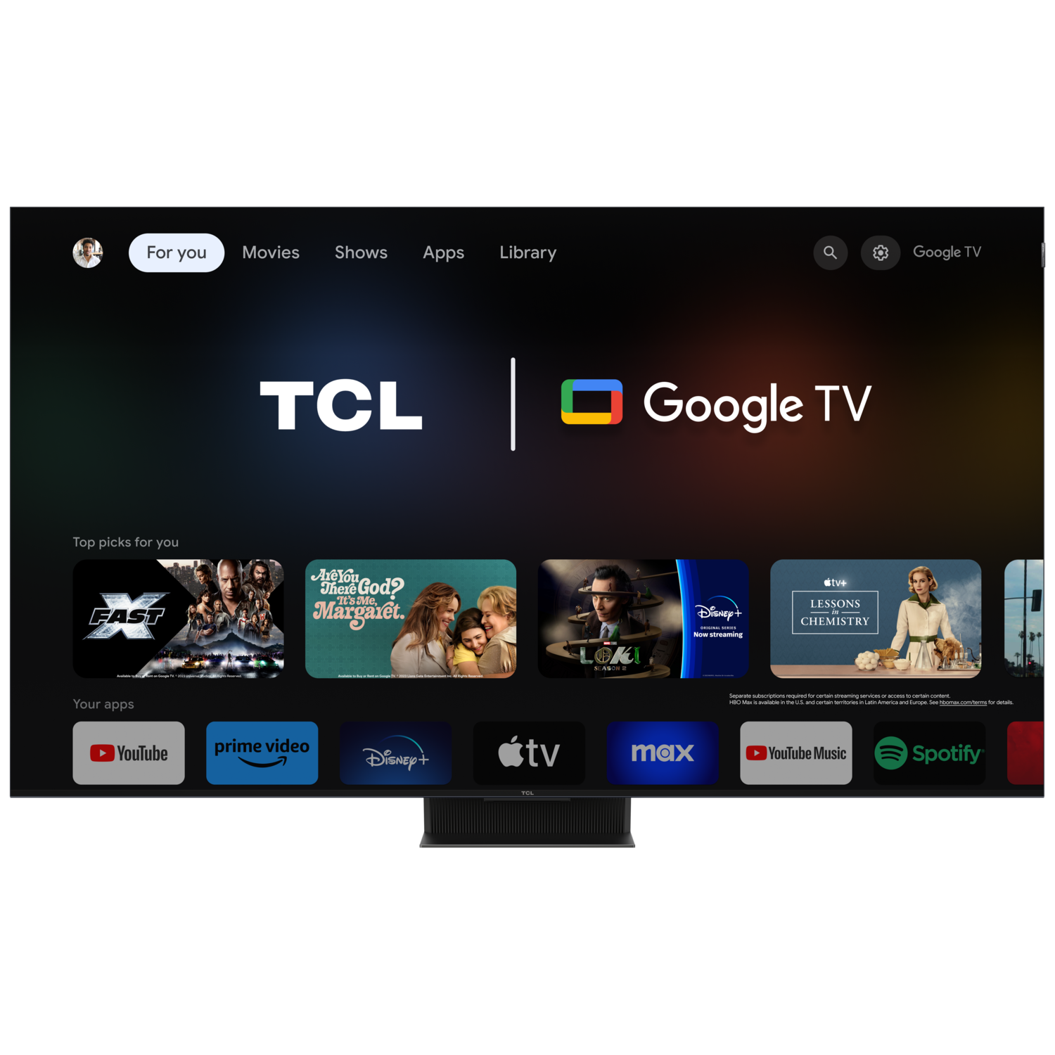 TCL Google TV-scherm toont film-apps. Google TV-logo zichtbaar. Topkeuzes en app-selecties worden getoond.