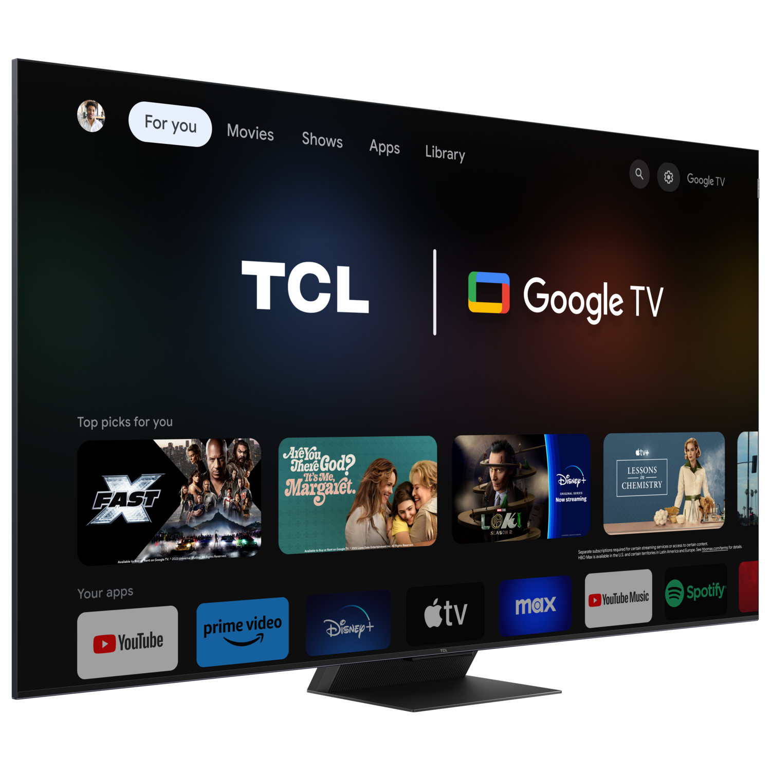 TCL Google TV, met een gebruikersinterface met films en apps.