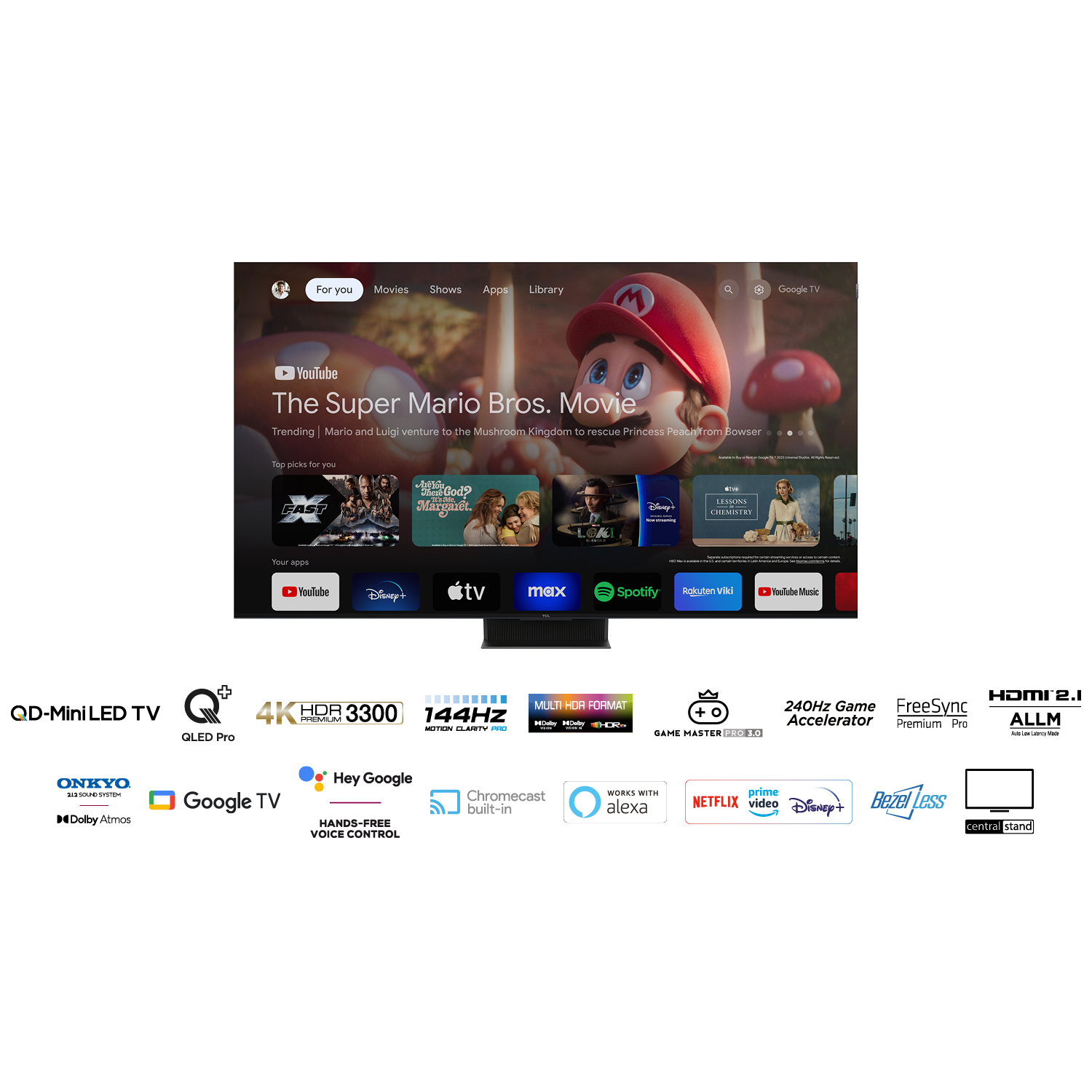 Tv met "The Super Mario Bros. Movie", streaming-app iconen en Google TV-functies.
