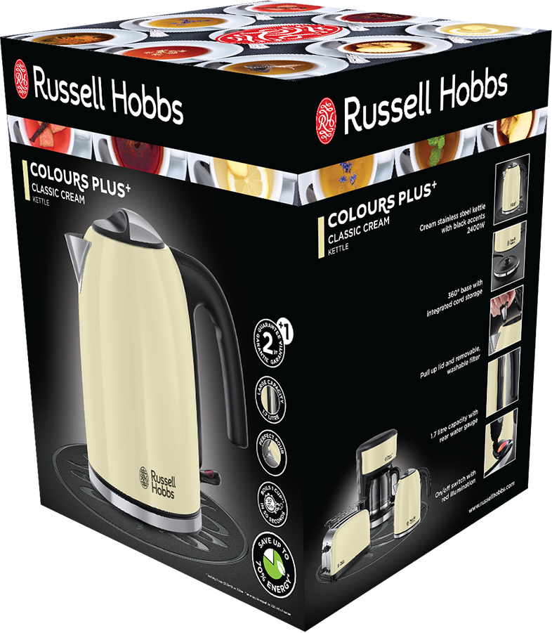Krémszínű Russell Hobbs vízforraló fekete részletekkel, dobozon termékinfókkal.