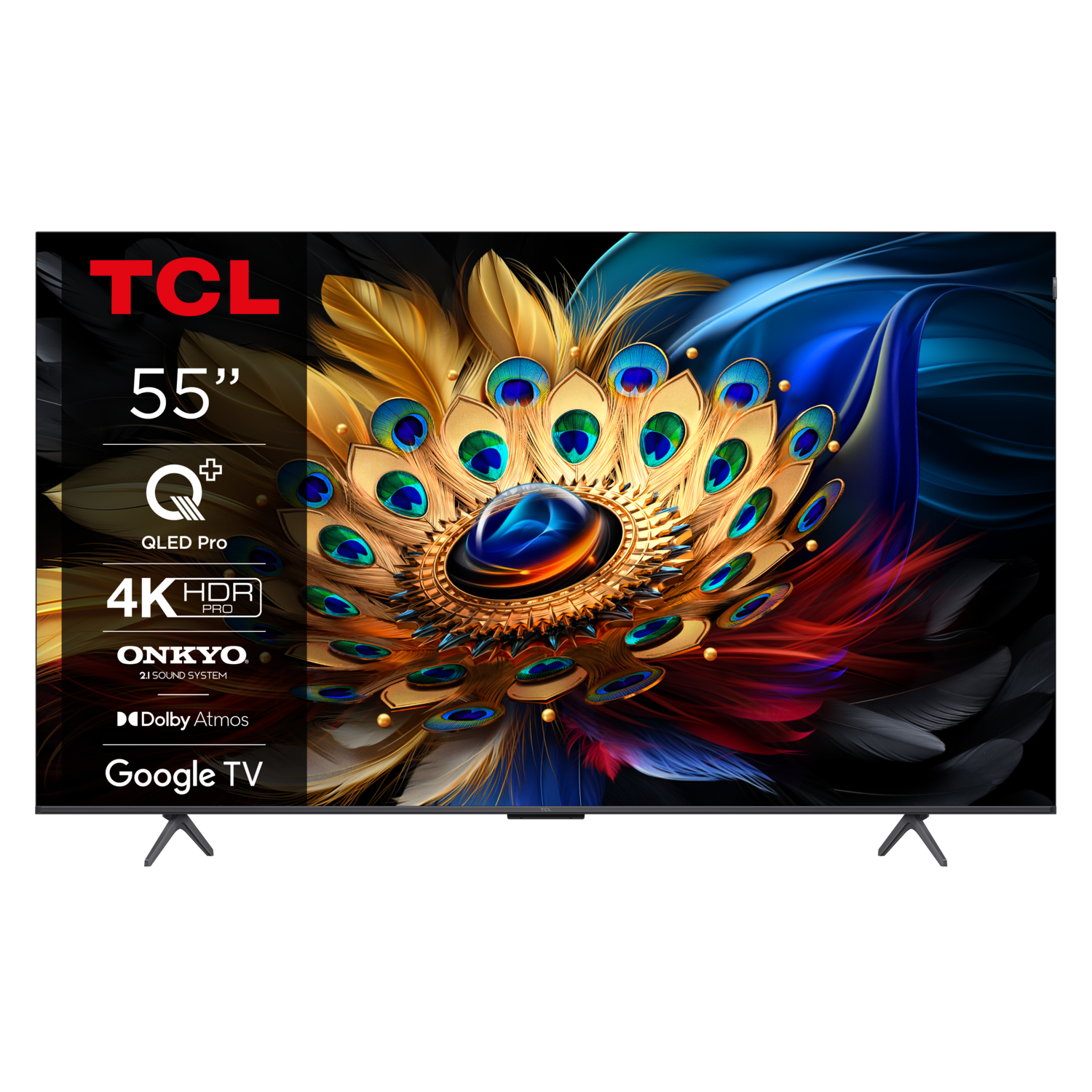 TCL 55" Fernseher mit Pfauenfedermuster, mit Etiketten und Ständer.