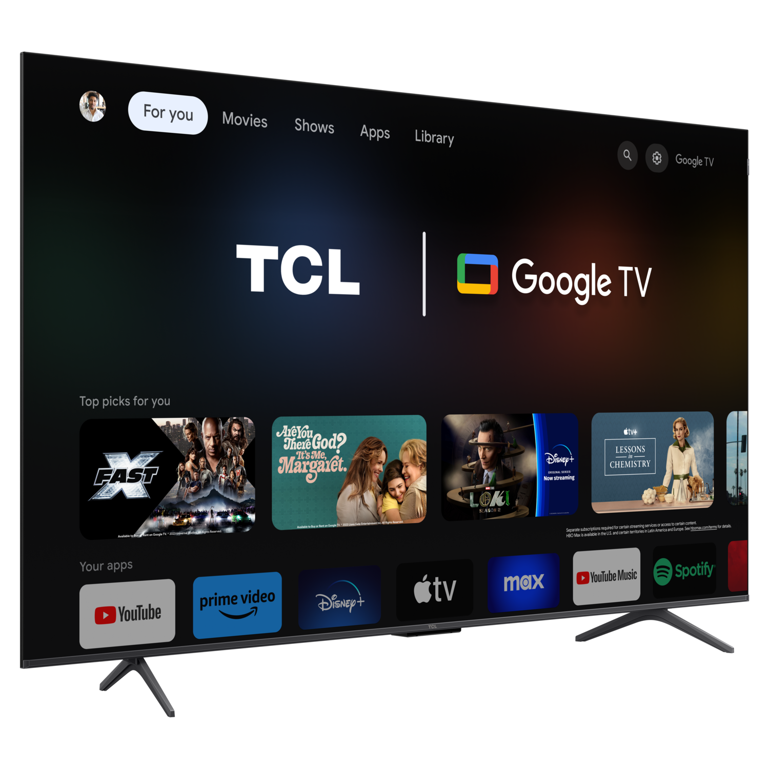 TCL Google TV auf schwarzem Ständer. Anzeige zeigt Streaming-App-Oberfläche.