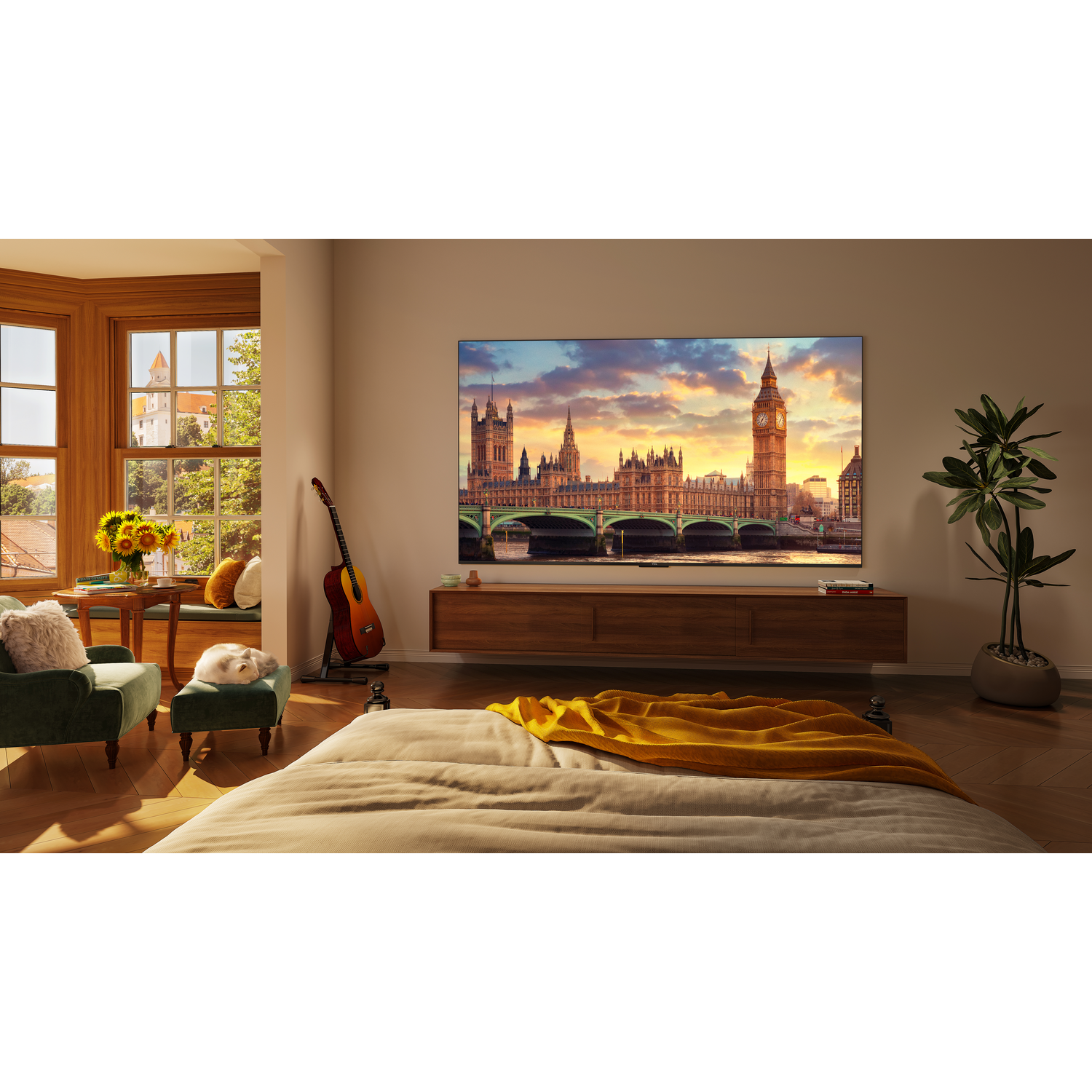 Ein Wohnzimmer mit einem Fernseher mit Big Ben, einem Sofa, einem Bett und einer Gitarre.