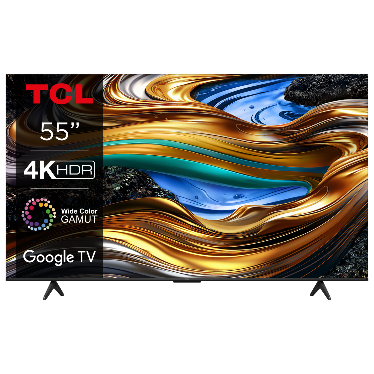Ein 55-Zoll-4K-HDR-Google-TV von TCL mit goldenem Design.