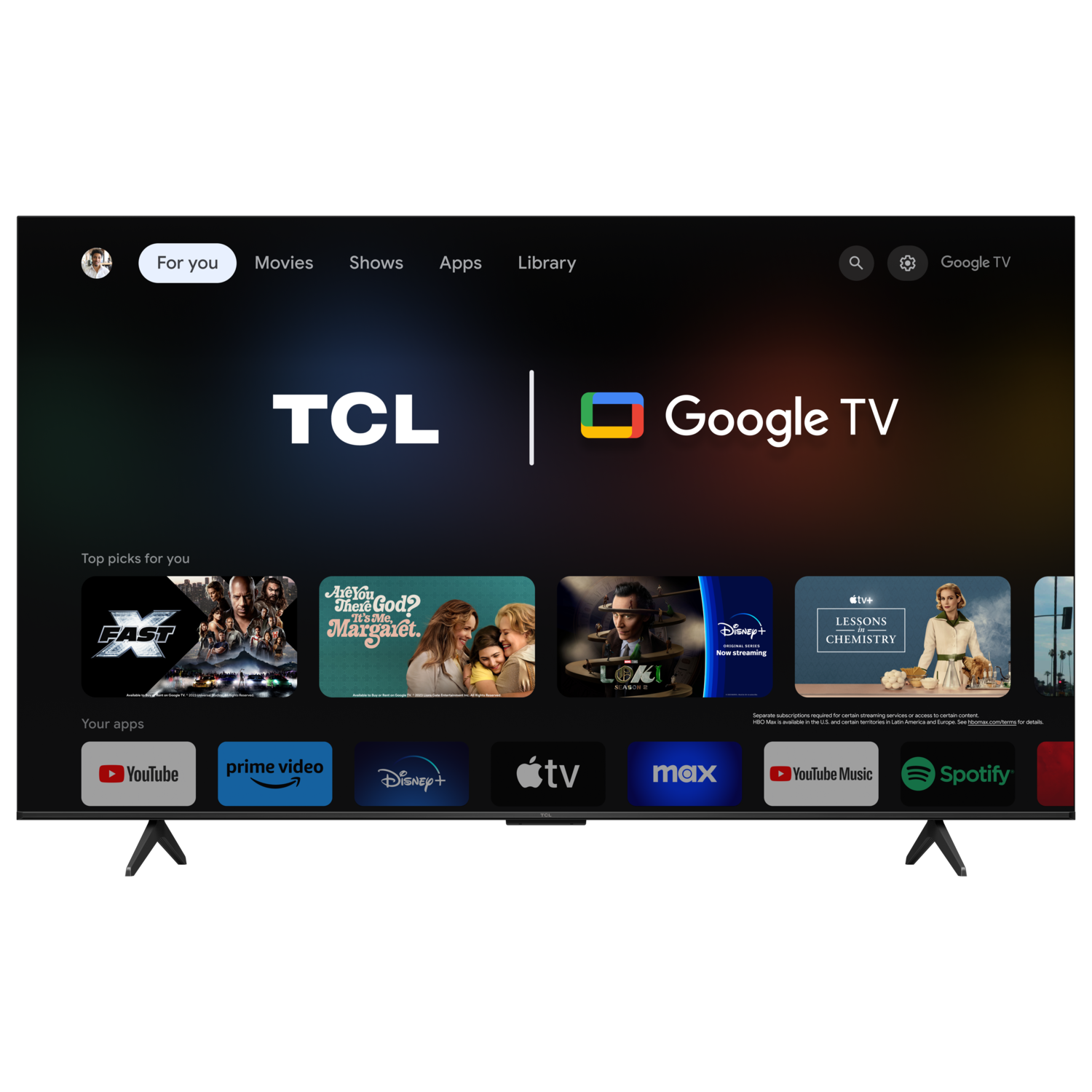 TCL Google TV-Bildschirm zeigt die Oberfläche, mit Apps und Streaming-Optionen.