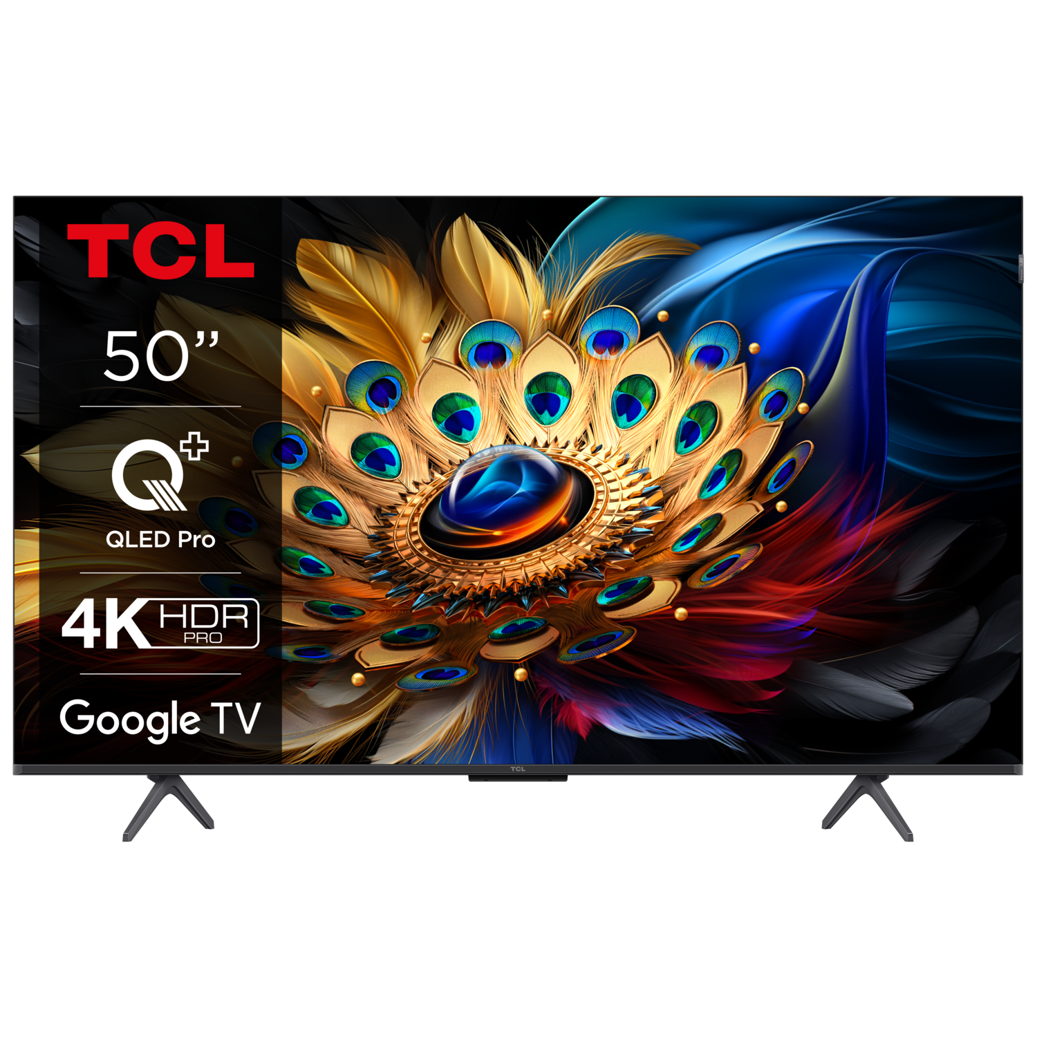Ein TCL 50" QLED Pro TV mit farbenfrohem Pfauendesign auf dem Bildschirm, schwarzem Rahmen und Standfuß.