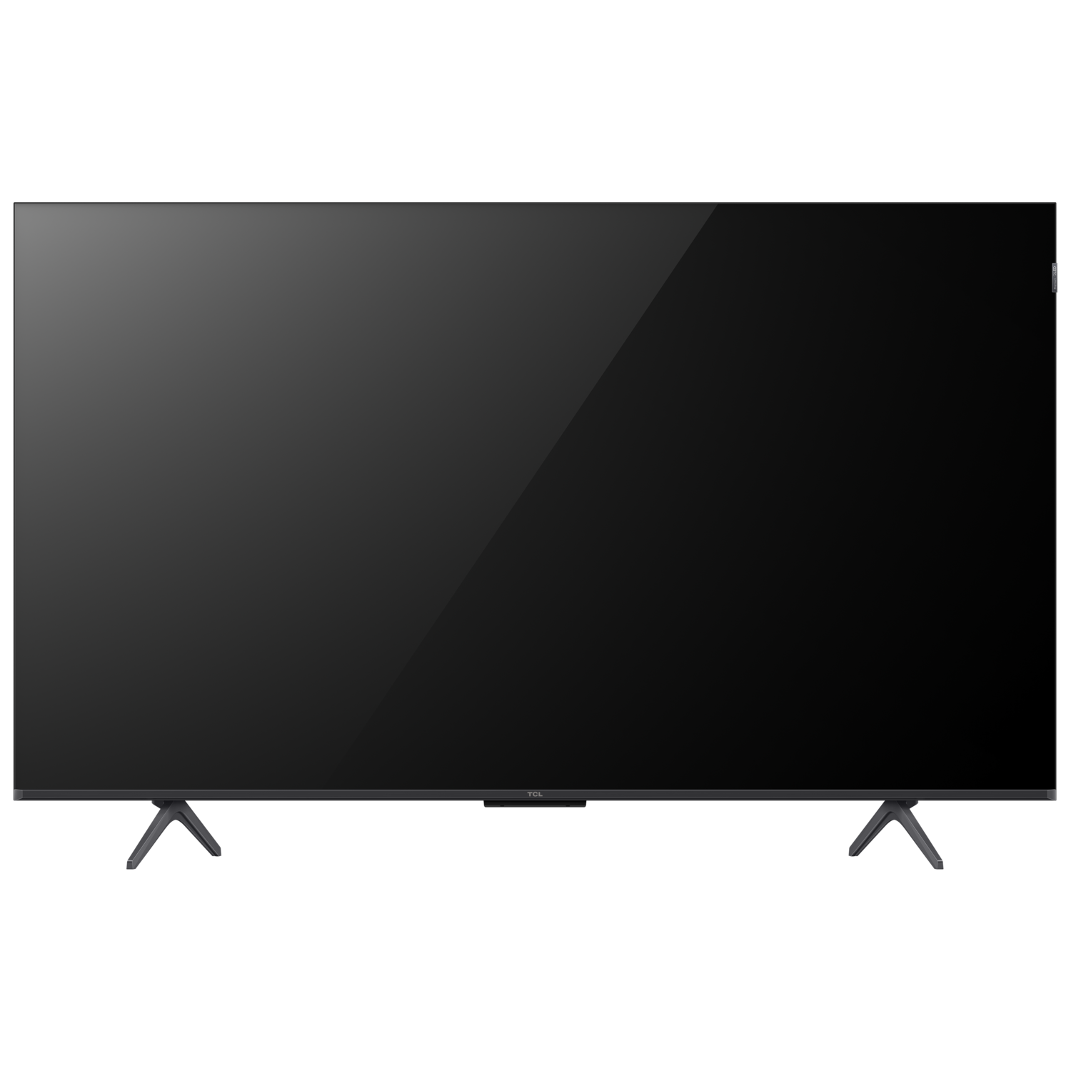 Ein großer, schwarzer TCL-Fernseher auf schwarzem Hintergrund. Der Bildschirm ist an.