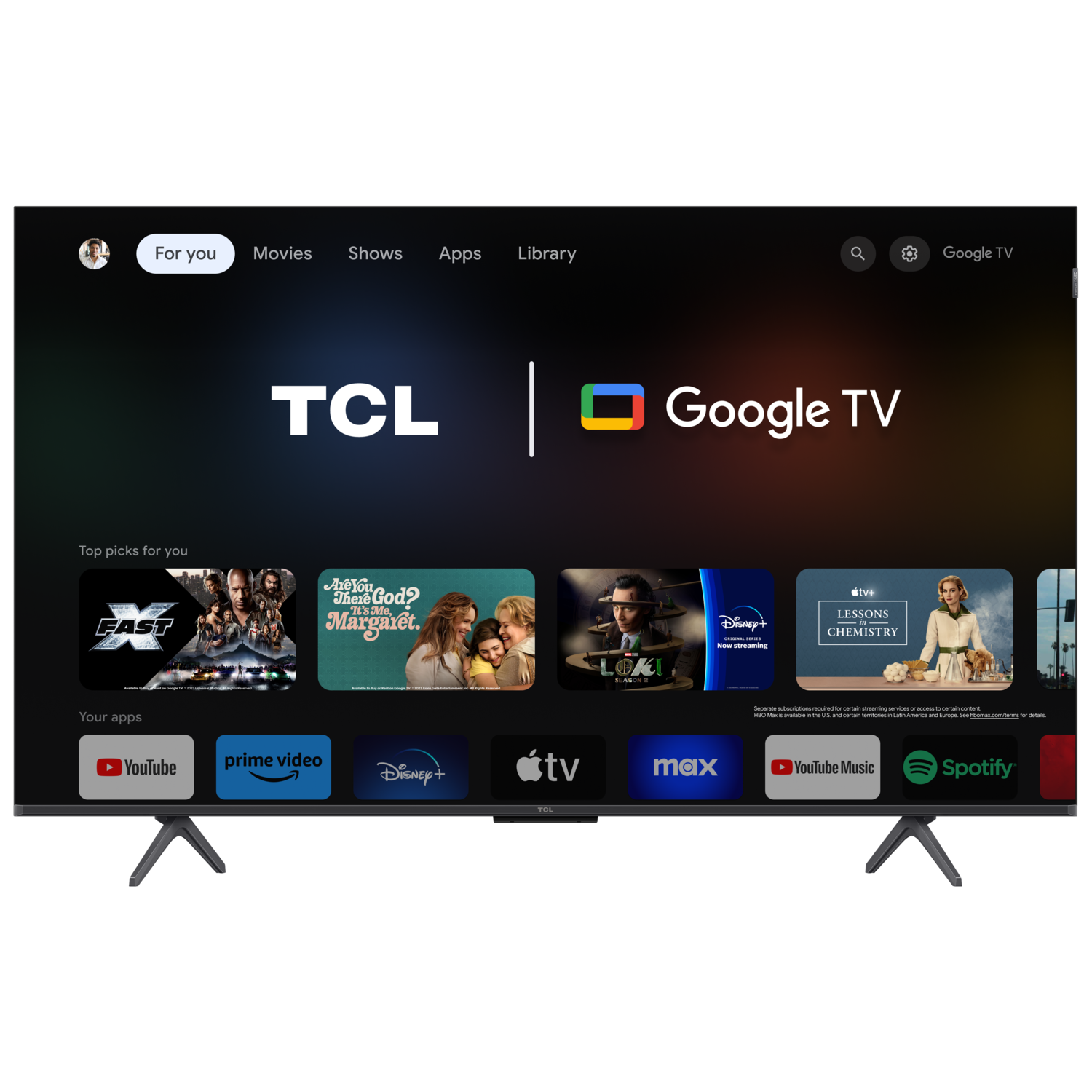 TCL Google TV Bildschirm zeigt Filme, Apps und Sendungen. Schwarzer Rahmen, graue Beine und Google TV Logo.