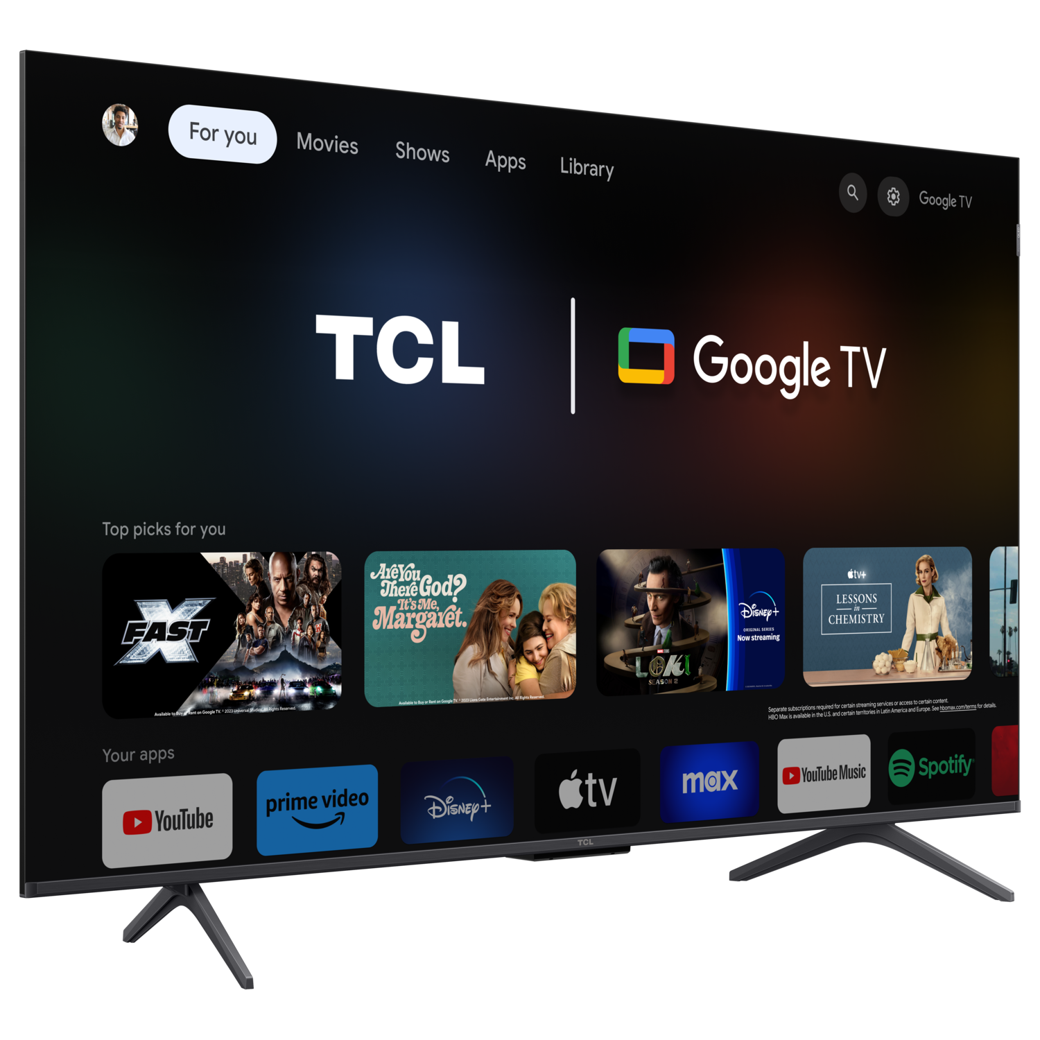 TCL Google TV zeigt Filme und Apps. Zeigt Symbole für Streaming-Dienste.