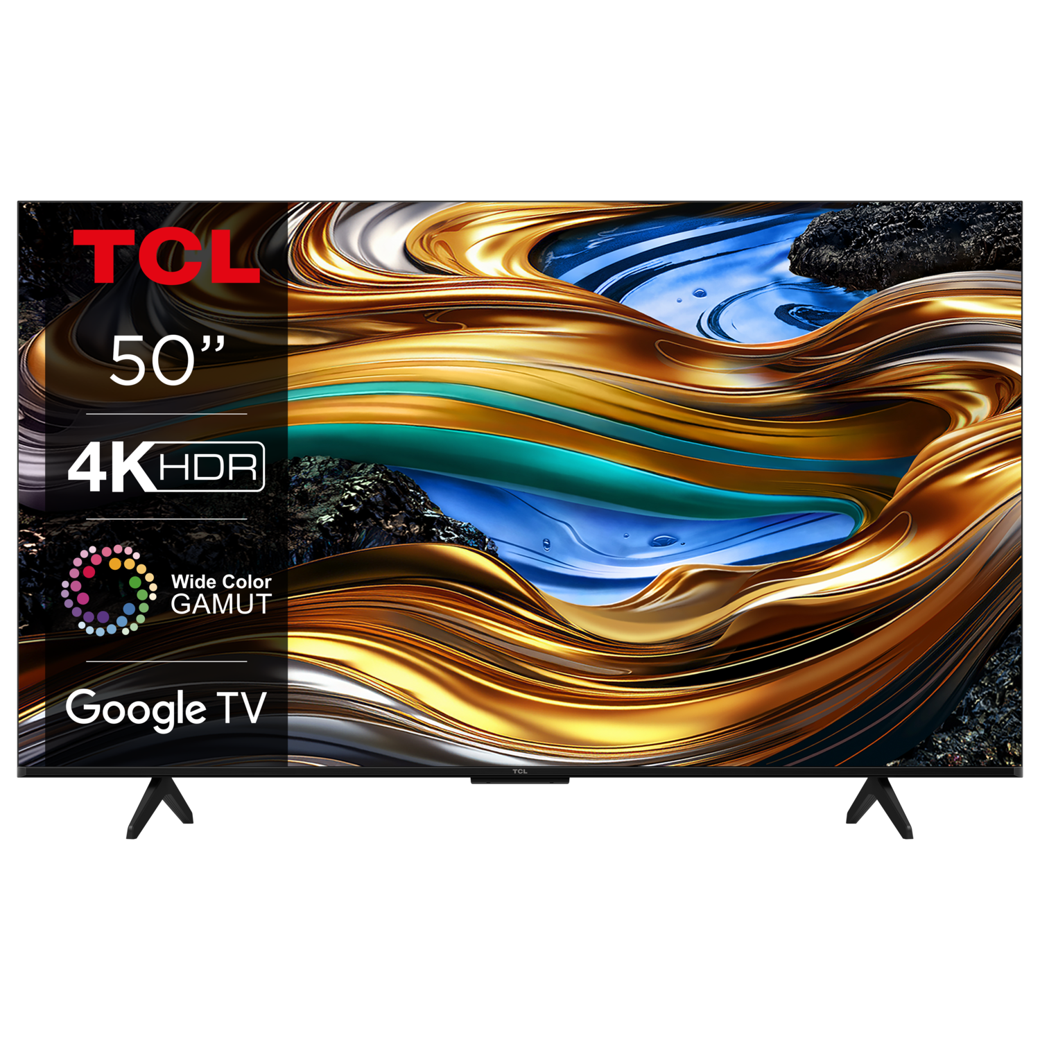 TCL 50" TV, 4K HDR, Google TV. Goldene und blaue abstrakte Kunst auf dem Bildschirm. Schwarzer Rahmen.