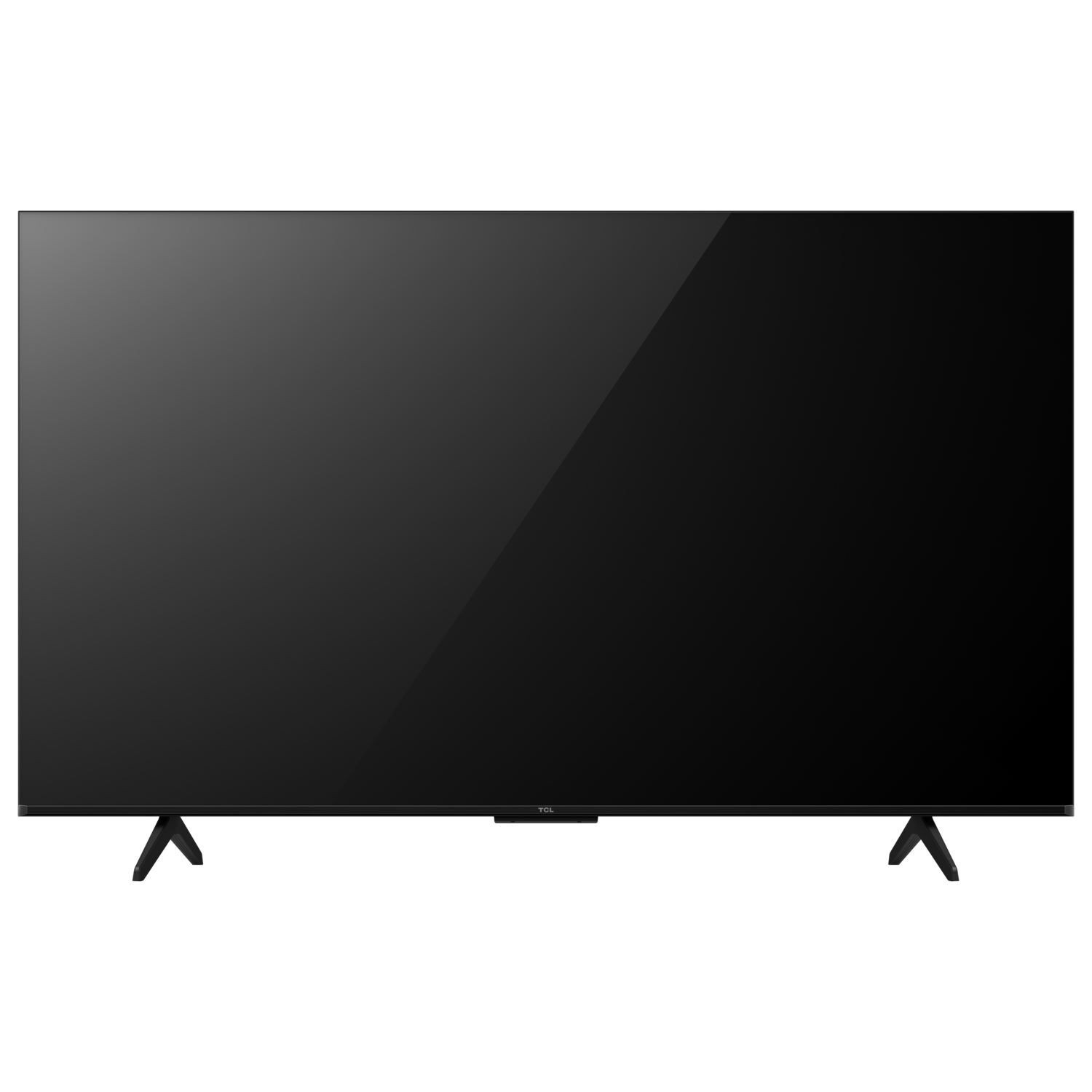 Großer schwarzer TCL-Fernseher. Schwarzer Bildschirm und Beine. Schwarzer Hintergrund.