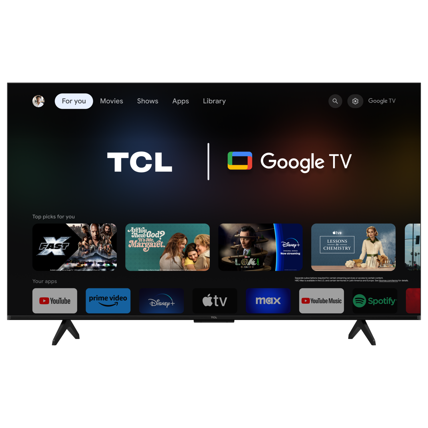 TCL Google TV-Bildschirm mit Apps wie YouTube, Prime Video und Streaming-Plattformen.