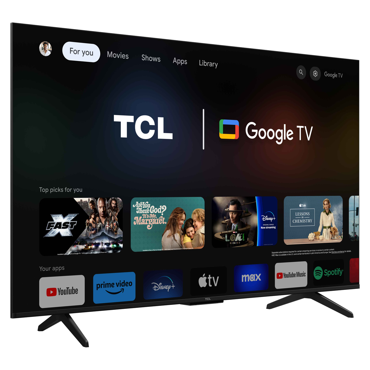 TCL Google TV, das die Benutzeroberfläche anzeigt, mit Apps wie YouTube und Netflix.