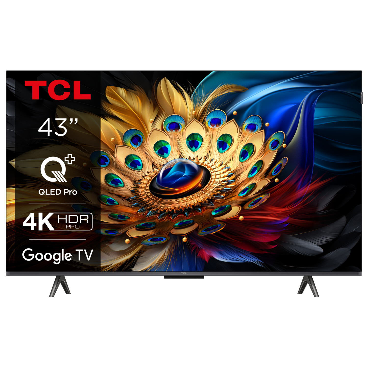 Een TCL 43 inch TV met een kleurrijke pauwenafbeelding. Tekst bevat 4K en Google TV.